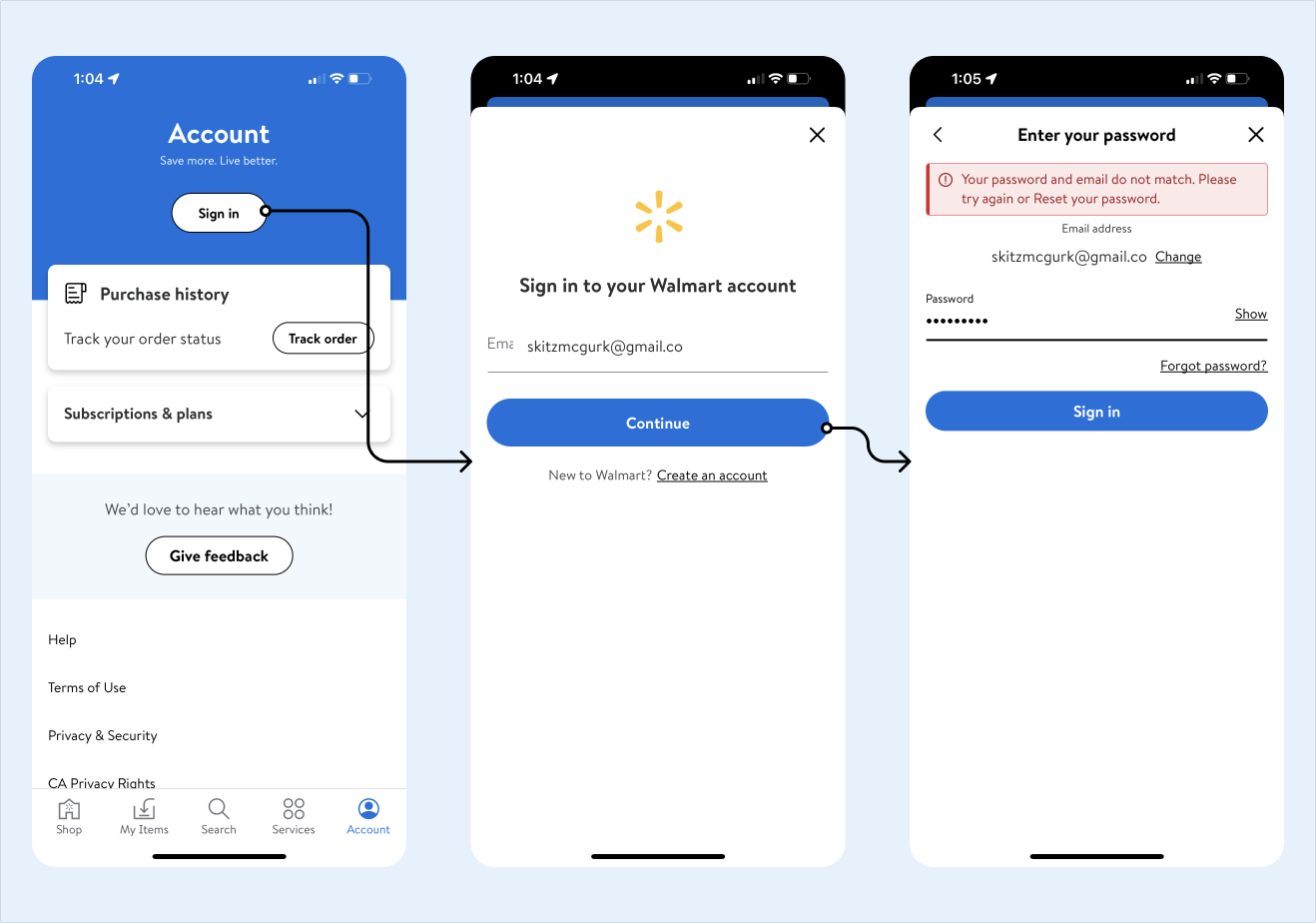 Original Walmart sign-in flow before redesign